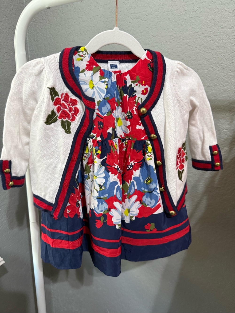 Janie and Jack Red, Navy & White Floral Dress with Cardigan